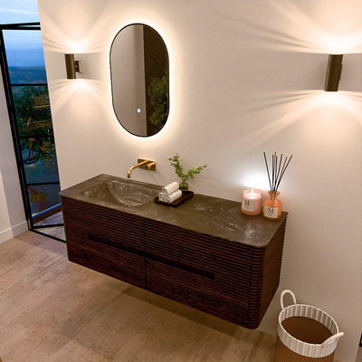 Mondiaz CIRO-DLUX Ensemble de meubles de salle de bains - 140x45x50cm - Vasque en solid surface Lava - 1 lavabo à gauche - sans trous de robinet - 4 tiroirs - Noyer