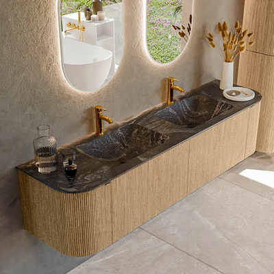 MONDIAZ KURVE-DLUX Meuble de salle de bains 180cm avec module 25 Len R couleur Chêne avec 2 tiroirs et 2 portes. Lavabo LEAF double 2 trous de robinet couleur Lava.