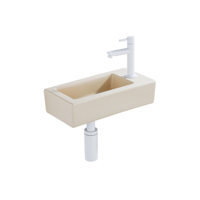 QeramiQ Fuente Ensemble lave-mains - 37.5x18.5x9cm - céramique - trou de robinet à droite - robinet de lave-mains blanc mat - bouchon de vidage - siphon abaissé - Beige mat