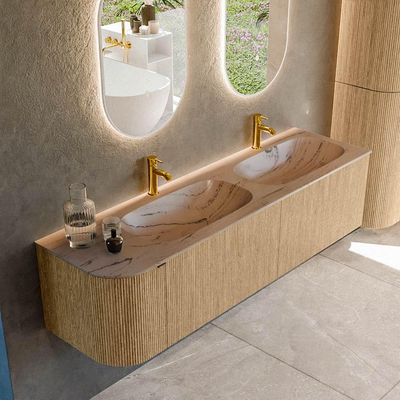 MONDIAZ KURVE-DLUX 165cm meuble de salle de bains arrondi gauche couleur Oak avec 2 tiroirs et 1 porte. Lavabo STOR SMALL Double / Droite 2 trous de robinet Arena.