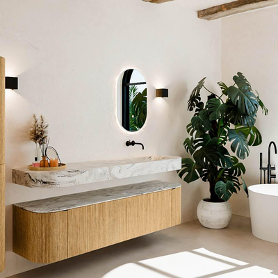 MONDIAZ THOR-DLUX Meuble de salle de bains - 180cm - arrondi gauche + droite - couleur Oak - 2 tiroirs - 2 portes - Vasque suspendue CLOUD droite sans trou de robinet - couleur Glace