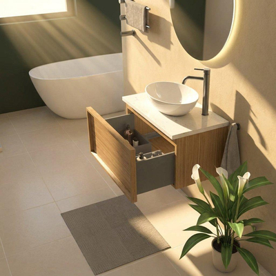 Saniclass Holz Frame Ensemble meuble de salle de bains - 80x45x43cm - Plan vasque en marbre Dia poli (blanc) - 1 trou de robinetterie - 1 tiroir - chêne natural mat (bois)