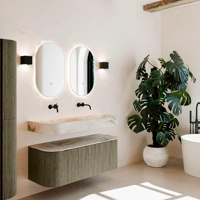 MONDIAZ THOR-DLUX Meuble de salle de bains 120cm arrondi gauche + droite couleur Shadow avec 1 tiroir et 2 portes. Vasque suspendue CLOUD Double sans trou de robinet couleur Frappe.