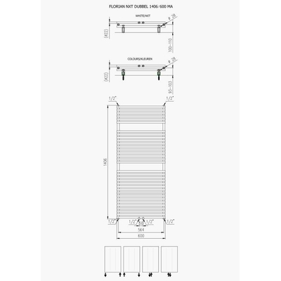 Plieger Florian Nxt Radiateur design double horizontal 140.6x60cm 1153W connexion au centre blanc