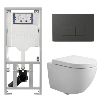 Pack WC QeramiQ Dely Swirl Compact - réservoir encastrable Geberit UP320 - avec bâti-support Burda - abattant 25 mm - plaque de commande en plastique anthracite mat - boutons rectangulaires - blanc mat