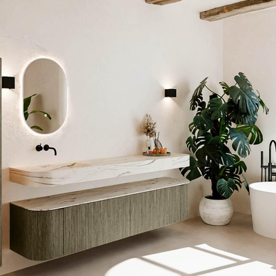 MONDIAZ THOR-DLUX 200cm meuble de salle de bains arrondi gauche + droite couleur Shadow avec 2 tiroirs et 2 portes. Vasque suspendue CLOUD Gauche sans trou de robinet couleur Nata.