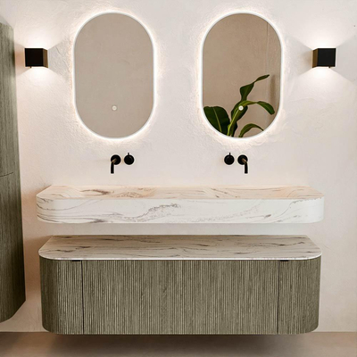 MONDIAZ THOR-DLUX 150cm badmeubel ronding links + rechts kleur Shadow met 1 lade en 2 deuren. Vrijhangende wastafel CLOUD Dubbel zonder kraangat kleur Nata.