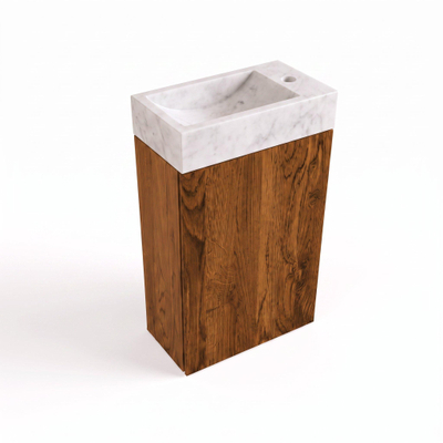 Saniclass Holz Pure Ensemble meuble toilette - 40x60.5cm - 1 porte - lave-mains pierre naturelle marbre - trou de robinet à droite - walnut pure