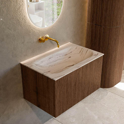 MONDIAZ KURVE-DLUX 70cm badmeubel kleur Walnut met 1 lade en 0 deuren. Wastafel BIG SMALL Midden zonder kraangat Nata.