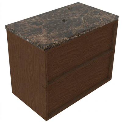Saniclass Holz Frame Ensemble meuble de salle de bains - 80x45x63cm - Plan de travail en pierre naturelle Noche dark emperador - 1 trou de robinet - 2 tiroirs - walnut pure mat (bois)