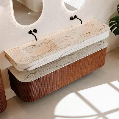 MONDIAZ THOR-DLUX 170cm meuble de salle de bains arrondi gauche + droite couleur Ruby avec 1 tiroir et 2 portes. Vasque suspendue CLOUD Double sans trou de robinet couleur Nata.