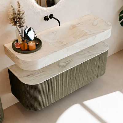 MONDIAZ THOR-DLUX 130cm meuble de salle de bains arrondi gauche + droite couleur Shadow avec 1 tiroir et 2 portes. Vasque suspendue CLOUD Milieu sans trou de robinet couleur Ostra.