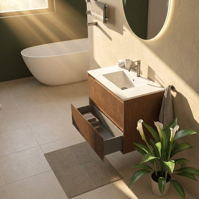 Saniclass Holz Atelier Ensemble de meubles de salle de bains - 80x45x62cm - Vasque Vygo en céramique blanche - 1 vasque - 1 trou de robinet - 2 tiroirs - walnut pure mat (bois)