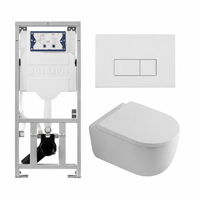 QeramiQ Dely Swirl Toiletset - 36.3x51.7cm - Geberit UP320 inbouwreservoir - met Burda frame - 35mm zitting - mat witte metalen bedieningsplaat - rechthoekige knoppen - glans wit