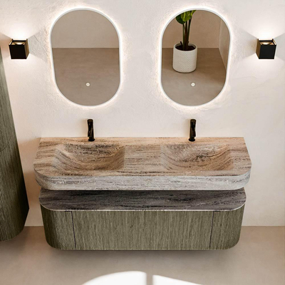 MONDIAZ THOR-DLUX 150cm meuble de salle de bains arrondi gauche + droite couleur Shadow avec 1 tiroir et 2 portes. Vasque suspendue CLOUD Double 2 trous de robinet couleur Oza.