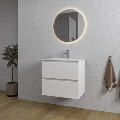 Adema Chaci Badkamermeubelset - 60x46x57cm - 1 ovale keramische wasbak wit - 1 kraangat - 2 lades - ronde spiegel met verlichting - mat wit