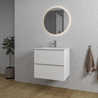 Saniclass Chaci Meuble de salle de bain - 60x46x55cm - lavabo en céramique blanc - 1 vasque ovale - 1 trou de robinet - 2 tiroirs - ronde miroir avec éclairage - blanc mat