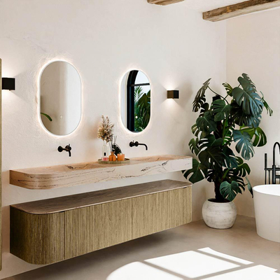 MONDIAZ THOR-DLUX Meuble de salle de bains - 200cm - arrondi gauche + droite - couleur Dusk - 2 tiroirs et 2 portes - Vasque suspendue CLOUD Double sans trou de robinet - couleur Arena