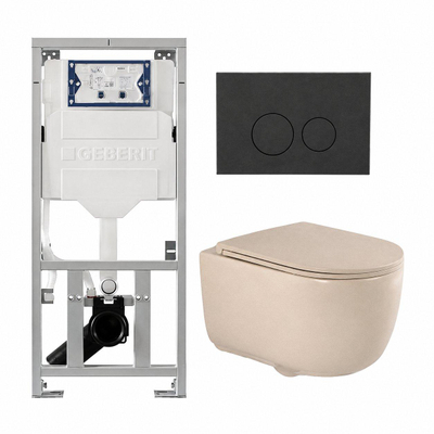 QeramiQ Dely Swirl Ensemble WC - 36.3x51.7cm - réservoir encastré Geberit UP320 - avec cadre Burda - abattant slim - plaque de commande anthracite mat - boutons ronds - beige