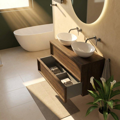 Saniclass Holz Frame Ensemble meuble de salle de bains - 120x45x62cm - plan de travail en bois - sans trou de robinet - 2 tiroirs - chêne charcoal mat (bois)