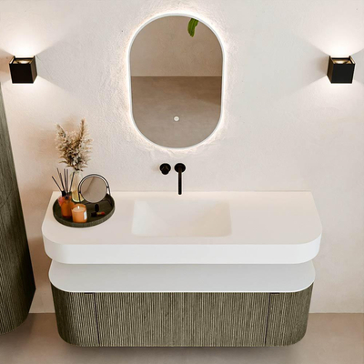 MONDIAZ THOR Meuble de salle de bains 140cm arrondi gauche + droite couleur Shadow avec 1 tiroir et 2 portes. Vasque suspendue CLOUD Milieu sans trou de robinet couleur Talc.