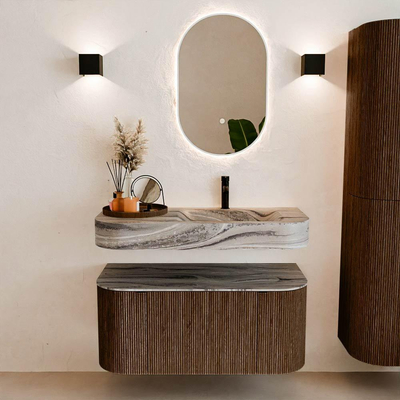 MONDIAZ THOR-DLUX 100cm badmeubel ronding links + rechts kleur Walnut met 1 lade en 2 deuren. Vrijhangende wastafel CLOUD Rechts 1 kraangat kleur Sombra.