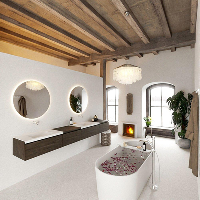 MONDIAZ BUKLA 280cm ensemble de meuble avec module 60 gauche couleur Marron Foncé avec 4 tiroirs. Lavabo CLOUD double 0 trou de robinet couleur Talc.