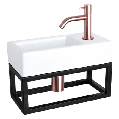 Differnz Ravo kit lave-mains - 38.5x18.5x25cm - Rectangulaire - 1 trou de robinet - Robinet en cuivre courbé - avec cadre noir - Céramique blanche