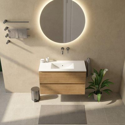 Saniclass Holz Pure Ensemble de meubles de salle de bains - 100x45x62cm - Vasque Vygo en céramique blanche - 1 vasque - sans trou de robinet - 2 tiroirs - chêne naturel mat (bois)