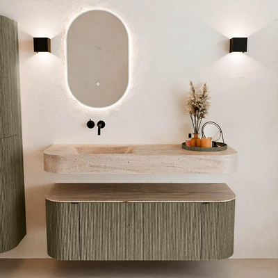 MONDIAZ THOR-DLUX 130cm meuble de salle de bains arrondi gauche + droite couleur Shadow avec 1 tiroir et 2 portes. Vasque suspendue CLOUD gauche sans trou de robinet couleur Saba.