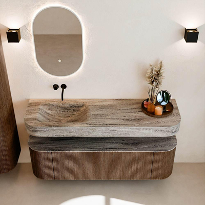 MONDIAZ THOR-DLUX 150cm badmeubel ronding links + rechts kleur Walnut met 1 lade en 2 deuren. Vrijhangende wastafel CLOUD Links zonder kraangat kleur Oza.