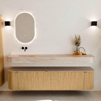 MONDIAZ THOR-DLUX Meuble de salle de bains - 190cm - arrondi gauche + droite - couleur Oak - 2 tiroirs - 2 portes - Vasque suspendue CLOUD Gauche sans trou de robinet - couleur Saba