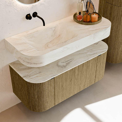 MONDIAZ THOR-DLUX 110cm meuble de salle de bains arrondi gauche + droite couleur Dusk avec 1 tiroir et 2 portes. Vasque suspendue CLOUD Gauche sans trou de robinet couleur Ostra.