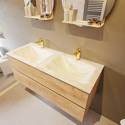 Mondiaz VICA-DLUX ensemble de meuble de salle de bain - 120cm - meuble sous-vasque chêne blanchi - 2 tiroirs - lavabo encastré cloud double - 2 trous de robinet - version haute de 60cm - ostra