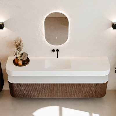 MONDIAZ THOR 200cm meuble de salle de bains arrondi gauche + droite couleur Walnut avec 2 tiroirs et 2 portes. Vasque suspendue CLOUD Milieu sans trou de robinet couleur Talc.