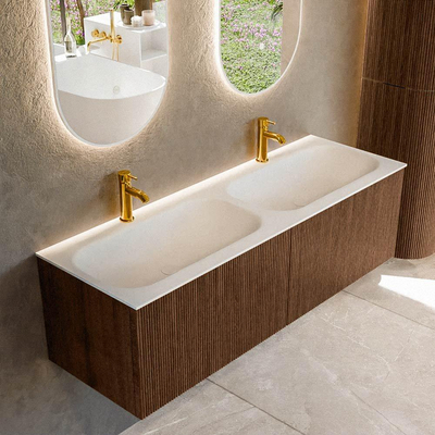 MONDIAZ KURVE 140cm badmeubel kleur Walnut met 2 lades. Wastafel BIG SMALL dubbel 2 kraangaten Talc.