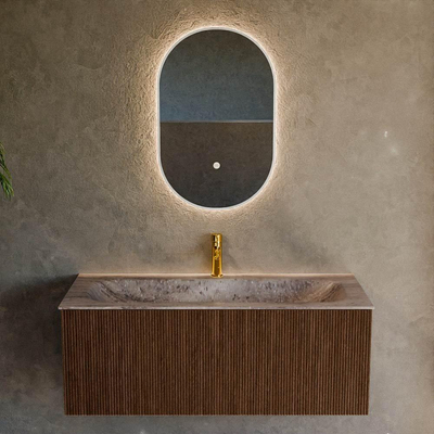 MONDIAZ KURVE-DLUX Meuble de salle de bains 110 cm couleur Walnut avec 1 tiroir et 0 porte. Lavabo BIG MEDIUM Central 1 trou de robinet Oza.
