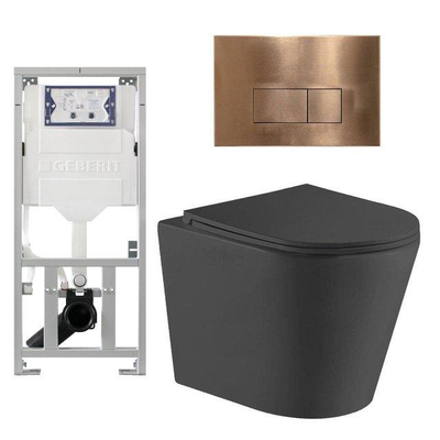 QeramiQ Dely Toiletset - 36.3x51.7cm - diepspoel - rimless - Geberit UP320 inbouwreservoir - met Burda frame - softclose toiletzitting - koperen bedieningsplaat - rechtehoekige knoppen - zwart mat