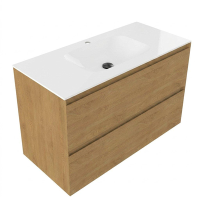 Saniclass Holz Pure Ensemble meuble de salle de bains - 100x45x61.5cm - Flow lavabo en solid surface blanc - 1 vasque - 1 trou de robinetterie - 2 tiroirs - chêne natural mat (bois)