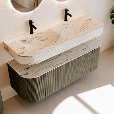 MONDIAZ THOR-DLUX 130cm meuble de salle de bains arrondi gauche + droite couleur Shadow avec 1 tiroir et 2 portes. Vasque suspendue CLOUD Double 2 trous de robinet couleur Nata.