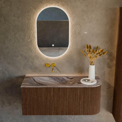 MONDIAZ KURVE-DLUX Meuble de salle de bains 105cm arrondi à droite couleur Walnut avec 1 tiroir et 1 porte. Lavabo BIG SMALL gauche sans trou de robinet Sombra.