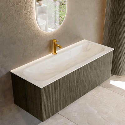Mondiaz KURVE-DLUX Ensemble de meuble salle de bain - 120x46x40cm - 1 tiroir - lavabo en solid surface - milieu - 1 trou de robinet - Shadow