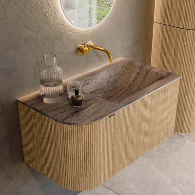 MONDIAZ KURVE-DLUX 85cm badmeubel ronding Links kleur Oak met 1 lade en 1 deur. Wastafel CLOUD Rechts zonder kraangat Oza.