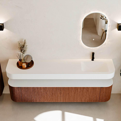 MONDIAZ THOR 200cm meuble de salle de bains arrondi gauche + droite couleur Ruby avec 2 tiroirs et 2 portes. Vasque suspendue CLOUD Droite 1 trou de robinet couleur Talc.