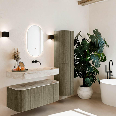 MONDIAZ THOR-DLUX Meuble de salle de bains 110cm arrondi gauche + droite couleur Shadow avec 1 tiroir et 2 portes. Vasque suspendue CLOUD Droite sans trou de robinet couleur Frappe.