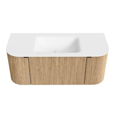 MONDIAZ KURVE 110cm badmeubel met module 25 Len R kleur Oak met 1 lade en 2 deuren. Wastafel CLOUD midden zonder kraangat Talc.