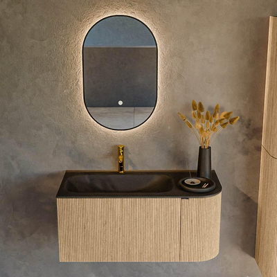 MONDIAZ KURVE Meuble de salle de bains 95 cm avec module 25 R couleur Oak avec 1 tiroir et 1 porte. Lavabo BIG SMALL gauche 1 trou de robinet Urban.