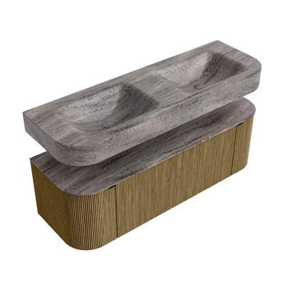 MONDIAZ THOR-DLUX Meuble de salle de bains - 140cm - arrondi gauche + droite - couleur Dusk - 1 tiroir et 2 portes - Vasque suspendue CLOUD Double sans trou de robinet - couleur Oza