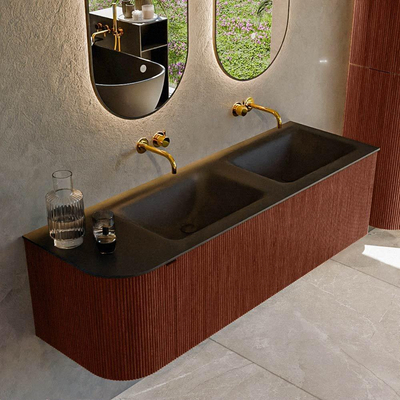 Mondiaz KURVE Ensemble meuble de salle de bains - 145x46x40cm - 1 tiroir - 1 porte - lavabo solid surface - double / droite - sans trou de robinet - Ruby