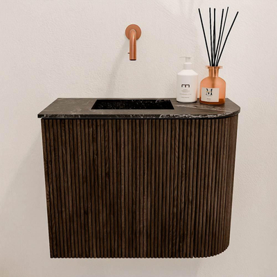 Mondiaz JOYA-DLUX Meuble de salle de bains 51.6cm - arrondi droit couleur Walnut - Vasque FAYE position Gauche Sans trou de robinet couleur Lava